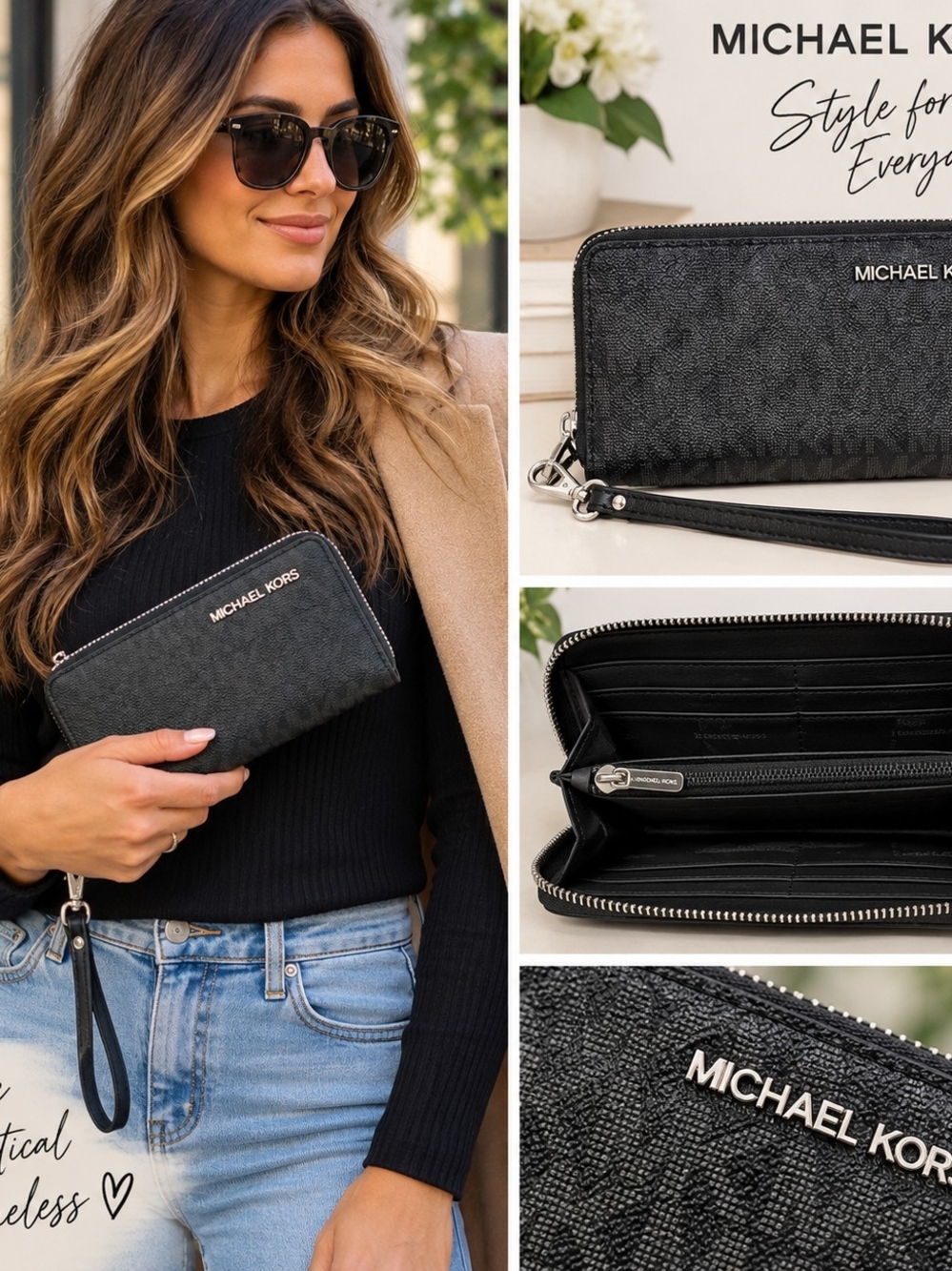 Michael Kors Black Signature Zip Around Wristlet Wallet Silver Hardware